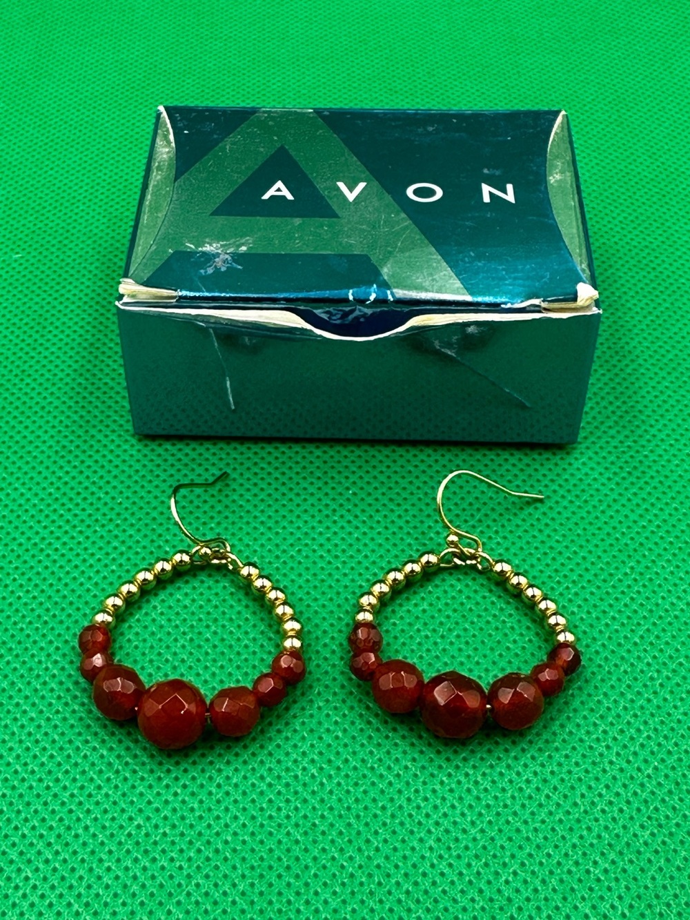 Avon Semiprecious Gold & Red Beaded Hoop Earrings